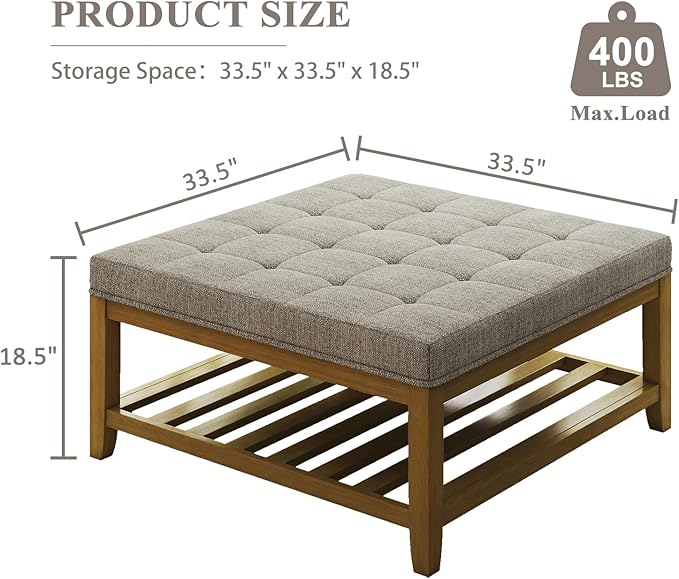 Large Square Ottoman Coffee Table, Linen Solid Upholstered Footrest Ottoman with Solid Wood Shelf Storage Tufted Coffee Table for Bedroom Living Room, Linen-Ruum Studio Home