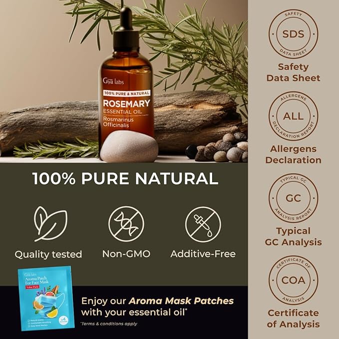 Gya Labs Rosemary Essential Oil for Hair - Huge 4 Fl Oz - 100% Pure Natural Rosemary Oil for Scalp, Diffuser, Skin, Aromatherapy & Candle Making Scent-Ruum Studio Home
