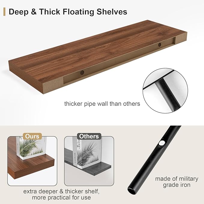 Heimlove Walnut Bathroom Shelves Floating Shelves for Wall Shelf Over Toilet Long Wall Mounted Modern Farmhouse,48 x 12 Wall Shelves with Invisible Brackets for Living Room, Kitchen, Bedroom-Ruum Studio Home