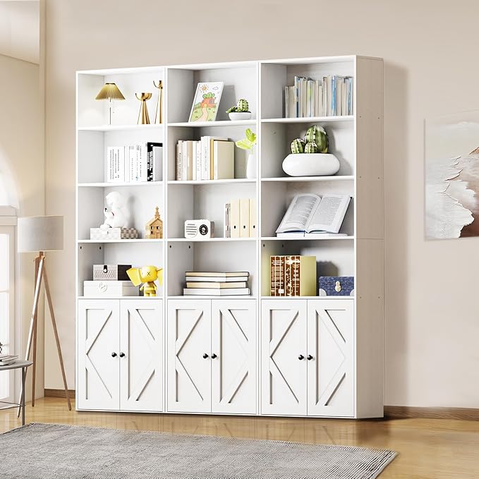 Tall White Bookcase with Doors – Wooden Bookshelf with Storage Cabinet & Shelves for Living Room, Bedroom, or Office-Ruum Studio Home