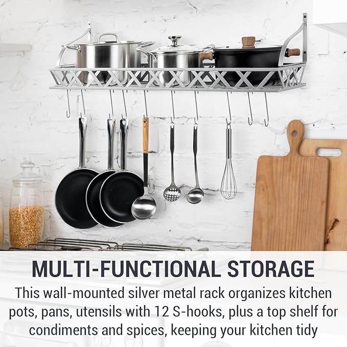 MyGift Wall Mounted Silver-Tone Metal Hanging Kitchen Pots, Pans and Utensils Storage Cookware Rack with 12 Removable S-Hooks and Top Display Shelf for Condiments Spice Rack-Ruum Studio Home