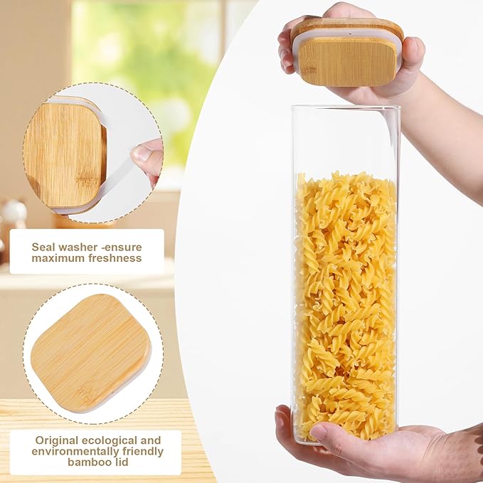 Glass Food Storage Jars with Lids(76oz)Square Set of 3 ,Glass Storage Containers Clear Glass Food Canister with Bamboo Lid Airtight For Serving Tea, Coffee Beans, Flour,Cookie, Cereal,Spice and More-Ruum Studio Home