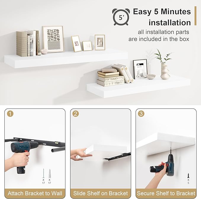 Heimlove White Bathroom Shelves Floating Shelves for Wall Shelf Over Toilet Long Wall Mounted Modern Farmhouse,48 x 12 Shelves with Invisible Brackets for Living Room, Kitchen, Bedroom-Ruum Studio Home