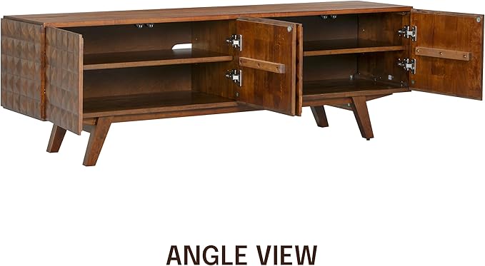 NTC Sapa Mid-Century Modern Solid Wood TV Stand 4-Door Media Console with Carved Geometric Fronts for TVs up to 75", Effortless Assembly, Dark Walnut-Ruum Studio Home