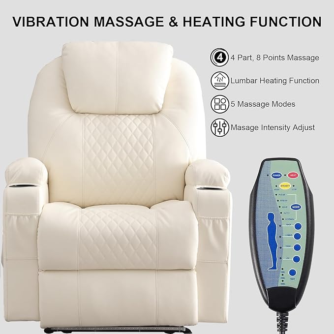 Power Recliner Chair with Heat and Massage, PU Leather Home Theater Seating with LED Lights/Cup Holders/Side Pocket/USB Port, Reclining Sofa Chair for Living Room (1, Beige)-Ruum Studio Home