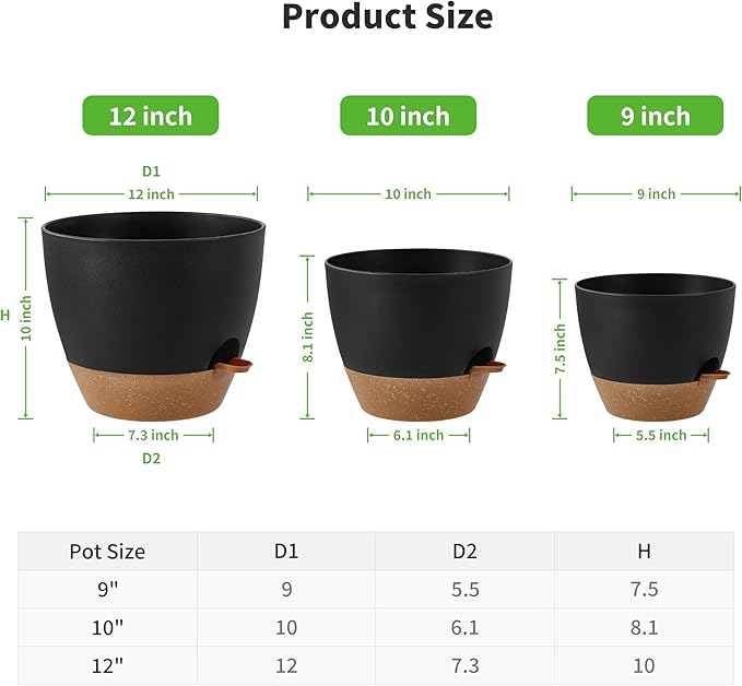 FaithLand 3-Pack Large Planter Pots, 12 10 9 Inch Self Watering Flower Pots for Indoor Outdoor Garden Plants, Black with Brown-Ruum Studio Home