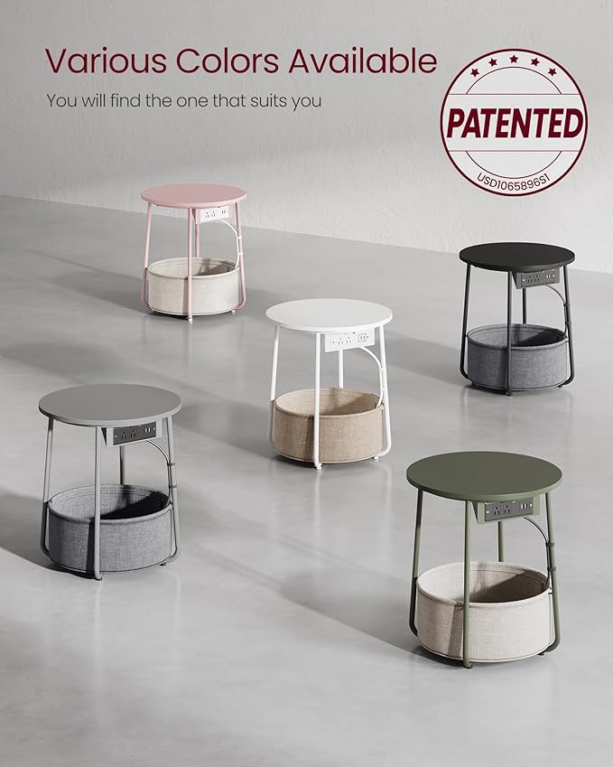 VASAGLE Side Table with Charging Station, Round End Table with Fabric Basket, Nightstand with Power Outlets, USB Ports, for Living Room, Bedroom, Modern, Dove Gray and Slate Gray ULET228G01-Ruum Studio Home