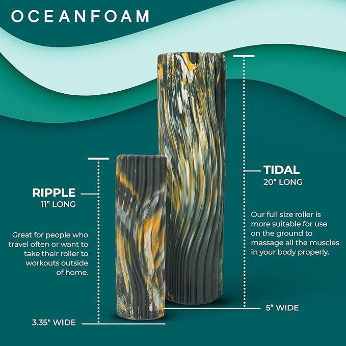 Oceanfoam Tidal Roller - Hunter, Gold & Natural Marbled - Muscle Massage Foam Roller for Back Pain & Stretching - Firm & Ergonomic Wide Wave Textured - Yoga, Athletics, Wellness - Full Size, 20" x 5"-Ruum Studio Home