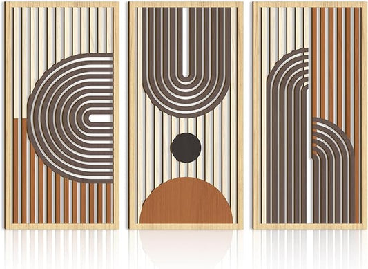 IARTTOP Mid century Modern Decor 16x32 Inch Large Boho Wood Wall Art Abstract Wooden Wall Decor Minimalist Bohemian Orange Artwork for Living Room Bedroom Office Set of 3-Ruum Studio Home