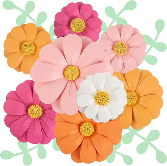 Paper Flowers Decorations for Wall, 3D Handmade Artificial Flowers for Wall Decorations, Pink Orange White, for Baby Girl Nursery Room Bulletin Board Decoration-Ruum Studio Home