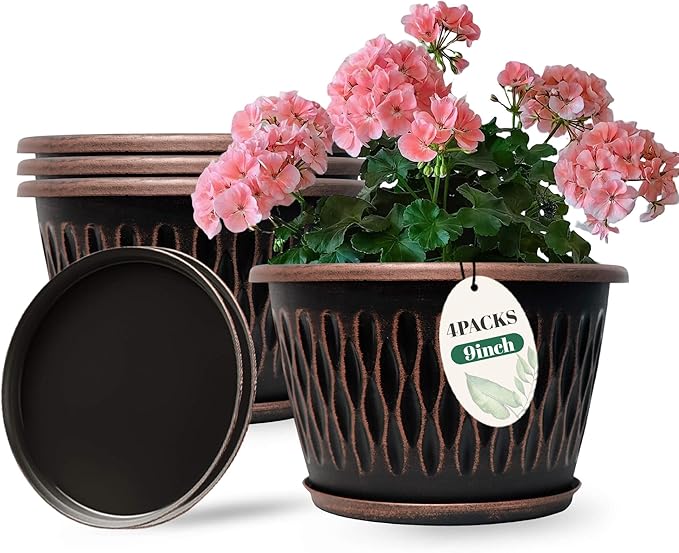 4 Pack 9 Inch Retro Plant Pots, Vintage Striped Flower Pots with Drainage Hole & Saucer, Large Plastic Planters for Indoor and Outdoor Plants, Decorative Garden Pots(Copper)-Ruum Studio Home