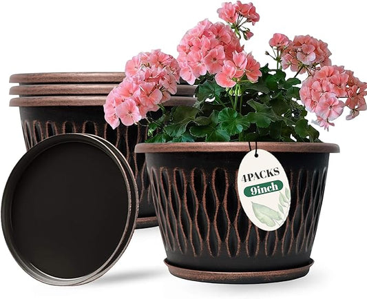 4 Pack 9 Inch Retro Plant Pots, Vintage Striped Flower Pots with Drainage Hole & Saucer, Large Plastic Planters for Indoor and Outdoor Plants, Decorative Garden Pots(Copper)-Ruum Studio Home