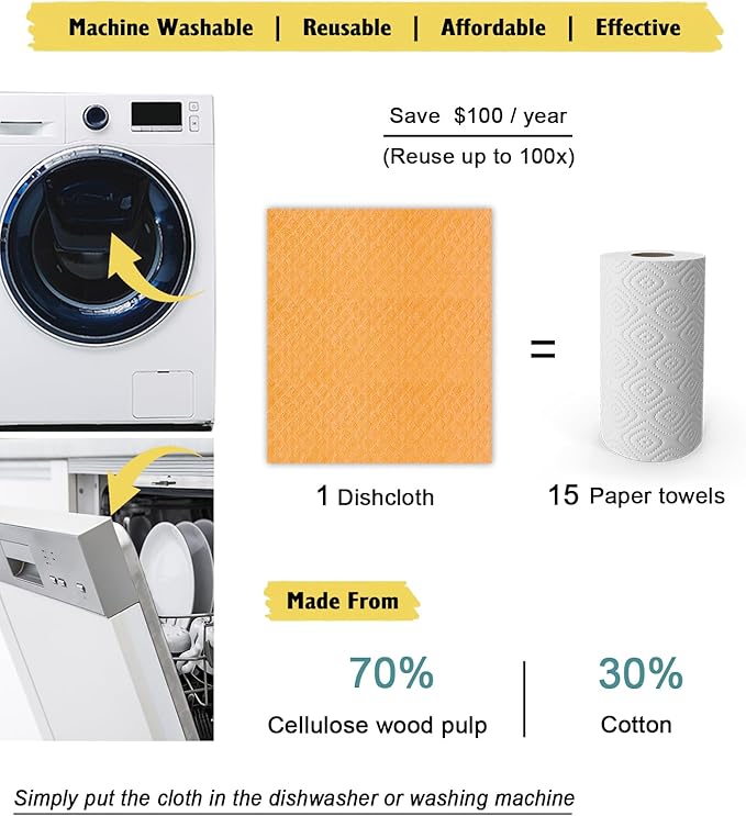 Swedish Dishcloths - 10 Pack Reusable Kitchen Dishcloths - Ultra Absorbent Dish Towels for Washing Dishes - Cellulose Sponge Cloth Cleaning Cloths - Orange-Ruum Studio Home