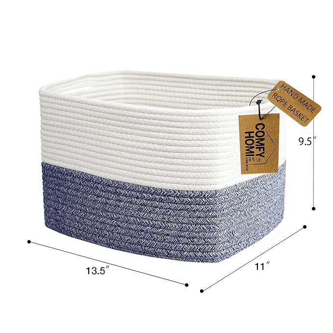 COMFY-HOMI Medium Cotton Rope Basket With Handles for Shelves|Dog Toy|Baby Gift Basket Empty for Organizing|NEW Generation 13.5" x 11" x 9.5" Living Room (Navy Blue)-Ruum Studio Home