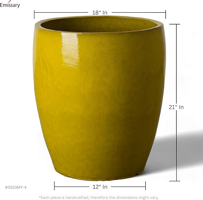 Emissary Bullet 18 in. Mustard Yellow Ceramic Round Planter (18 in. L x 18 in. W x 21 in. H) with Drainage Hole-Ruum Studio Home