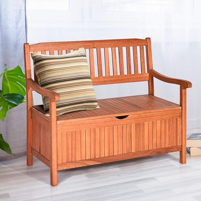 Tangkula Outdoor Wood Storage Bench Deck Box, Entryway Porch Storage Bench with Inner Removable Dust-Proof Lining & Portable Handles, Eucalyptus Wood Loveseat for Garden, Lawn, Balcony & Yard-Ruum Studio Home