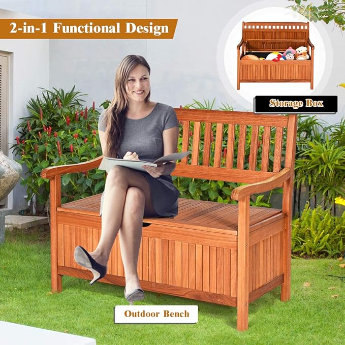 Tangkula Outdoor Wood Storage Bench Deck Box, Entryway Porch Storage Bench with Inner Removable Dust-Proof Lining & Portable Handles, Eucalyptus Wood Loveseat for Garden, Lawn, Balcony & Yard-Ruum Studio Home
