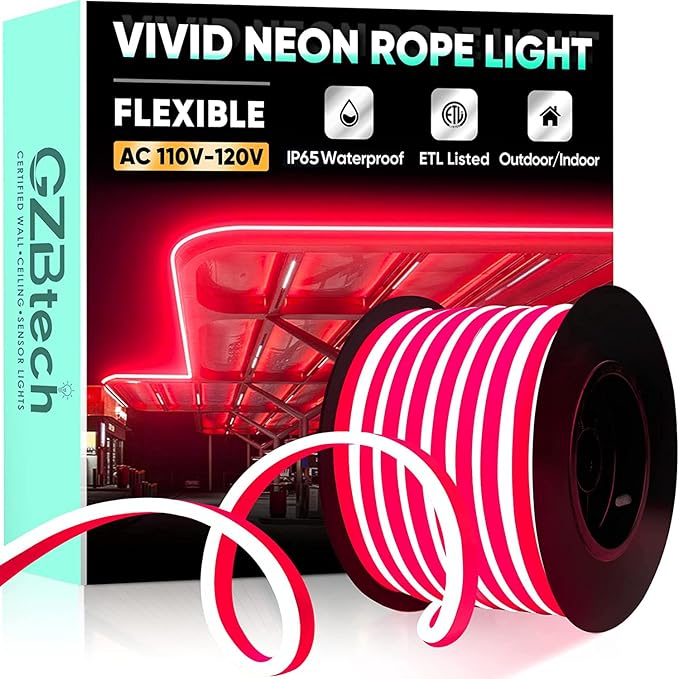 GZBtech Flexible LED Neon Rope Lights 66FT,AC 110-120V Waterproof Strip Light, 120 LEDs/M Cuttable Connectable Neon Lighting for Indoor Outdoor Home Decor/Commercial Building Use-Red 20M-Ruum Studio Home