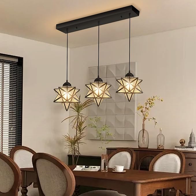 Modern Farmhouse Glam Chandelier Dining Room Glass Star Pendants Light Fixture Kitchen Island LED Ceiling Hanging Lights Included Warm Light Bulbs Black-Ruum Studio Home