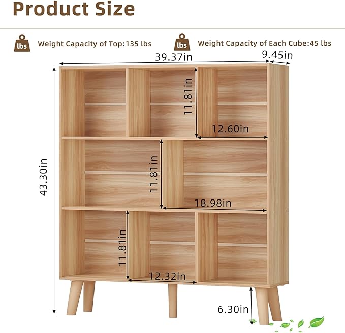 LEYAOYAO Wooden 8 Cube Book Shelf, Natural 3 Tier Bookshelf with Legs, Modern Open Storage Organizer,Boho Bookcase,Display Cabinet Shelf Free Standing Bookshelves for Bedroom,Living Room,Office-Ruum Studio Home