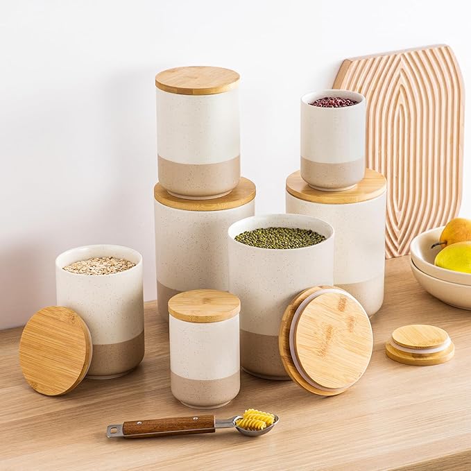 vancasso Sabine Ceramic Canister Set with Airtight Wood Lids - 3-Piece Kitchen Storage for Flour, Sugar, Coffee, Tea & Spices - Modern Countertop Decor-Ruum Studio Home