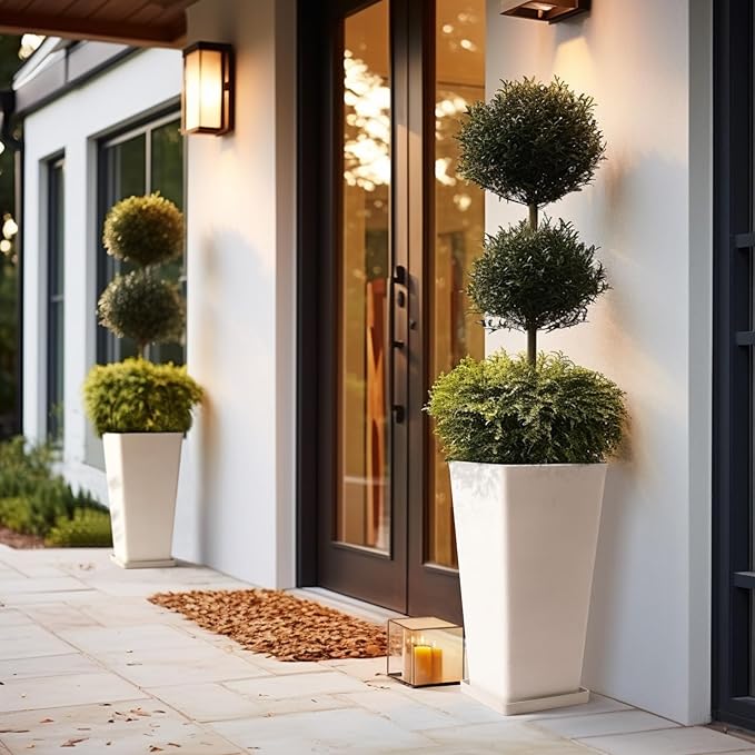 LA JOLIE MUSE 26 inch White Tall Planters for Outdoor Plants,Set of 2 Large Planters for Indoor Plants,V Shaped Tree Planters for Front Door, 26'' White With Tray-Ruum Studio Home
