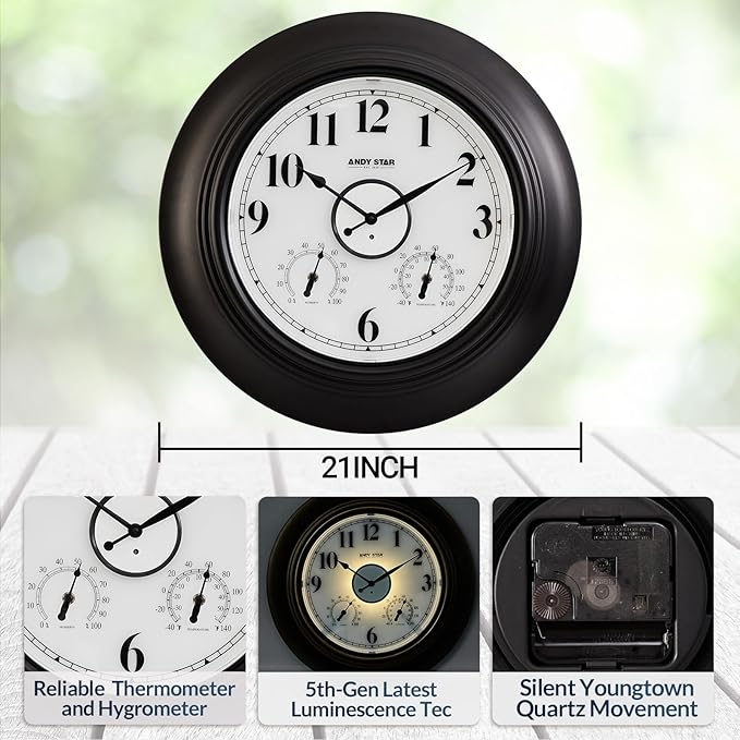 Andy Star 21 Inch Large Illuminated Outdoor Wall Clock Waterproof with Thermometer and Hygrometer, Oversized Battery Wall Clock for Patio Pool, Oil Rubbed Bronze Silent Non Ticking Clock for Garden-Ruum Studio Home