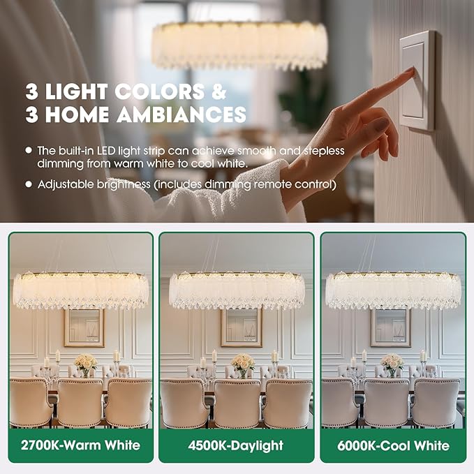 Gold Rectangle Modern Chandeliers for Dining Room Light Fixture, Water Ripple Crystal Glass LED Chandelier for Kitchen Island Bar Living Room, 2700K-6000K-Ruum Studio Home