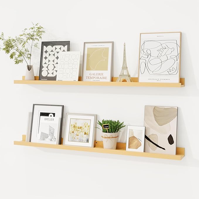 Picture Ledge Shelf, Solid Pine Wood Floating Shelves Set of 2, 36 Inches Nursery Book Shelves for Toys Storage, Kids Bookshelf Wall Mounted for Living Room Bedroom Decor Books Photo Frames, Natural-Ruum Studio Home