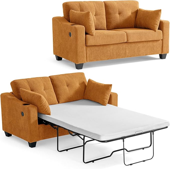 Pull Out Sofa Bed, Full Size Sleeper Sofa, 2-in-1 Convertible Corduroy Couch with USB Charging, Memory Form Couch for Living Room, Apartment and Small Space (Mustard Yellow, Corduroy - Full Size)-Ruum Studio Home