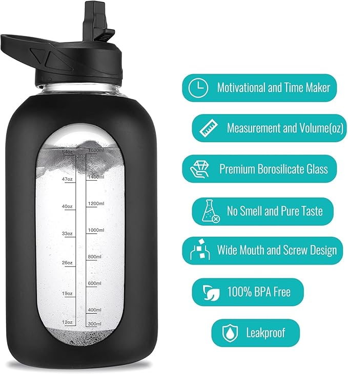 32 oz Glass Water Bottle with Straw and Handle, Sports Motivational Water Flask with Silicone Sleeve, Large Leakproof Water Flask Cup with Time Marker for Travel, Gym, Dark Blue-Ruum Studio Home