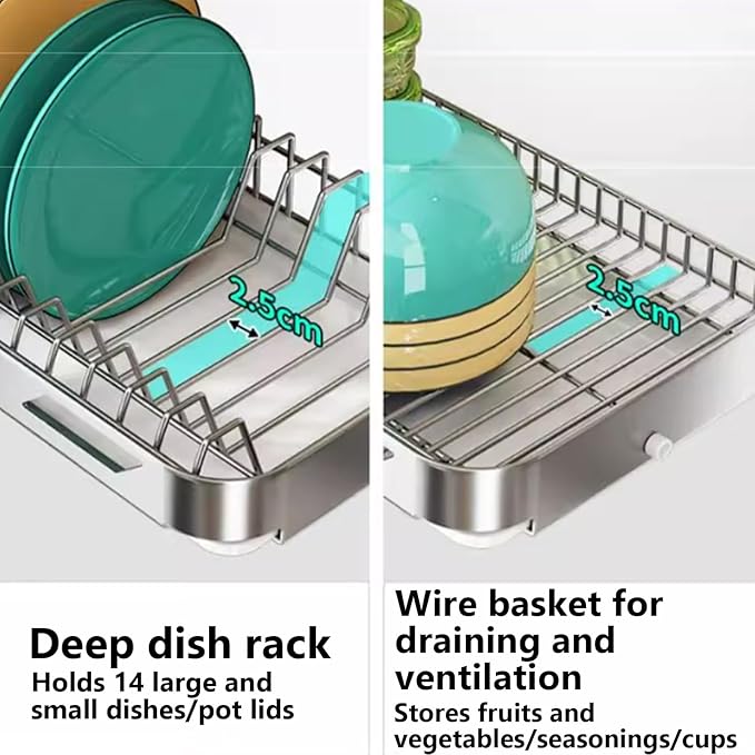 Dish Drying Rack with Drain Board - Rustproof Stainless Steel Dish Rack with Utensil Holder,Dish Racks for Kitchen Counter Over Sink,Over-Sink Drying Rack(Wall-Mounted,Second Floor)-Ruum Studio Home