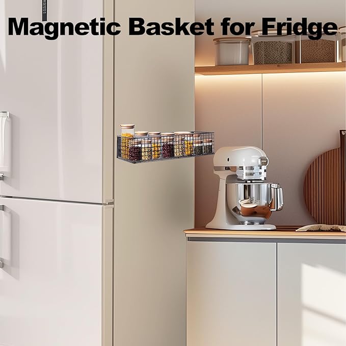 Magnetic Basket, Magnetic Shelf for Fridge,Magnetic Spice Rack Wire Mesh Magnetic organizer Holder Accessories for Office Kitchen Classroom Storage, Black-High, 13.77" x 5.11" x3.26"-Ruum Studio Home
