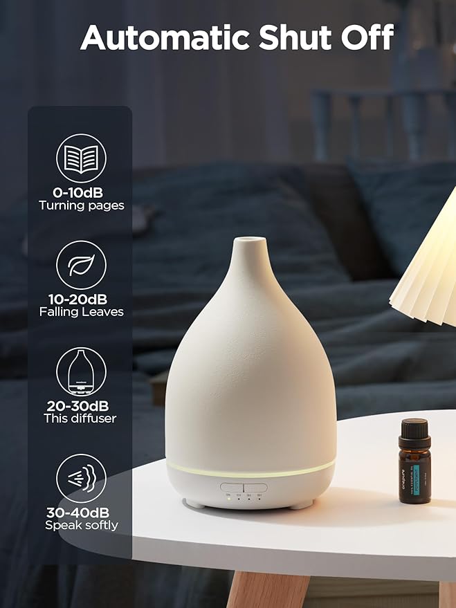 InnoGear Oil Diffuser, 300ML Ceramic Diffuser for Essential Oils Handcrafted Aromatherapy Diffuser Ultrasonic Cool Mist Humidifier with 4 Timers Waterless Auto Off for Room Office, White Base-Ruum Studio Home