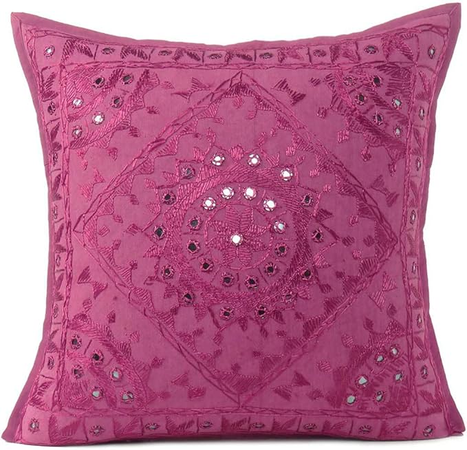 Eyes of India Embroidered Decorative Boho Throw Pillow Cover with Mirrors, Handmade Bohemian Accent Cushion Case for Sofa Couch Bedroom Living Room (Burgundy, 16" x 16")-Ruum Studio Home