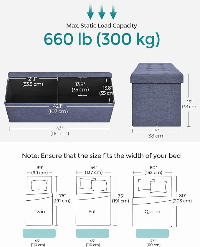 SONGMICS MAZIE Collection - 43 Inches Folding Storage Ottoman Bench, Ottoman Foot Rest, End of Bed Bench, Storage Chest, Load 660 lb, for Living Room, Bedroom, Entryway, Misty Blue ULSF077Q01-Ruum Studio Home