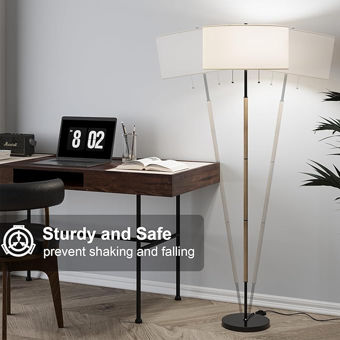 2-Light Floor Lamp, Mid Century Floor Lamp with White Fabric Shade, Standing Lamp Tall Lamp for Living Room Bedroom, 3 Color Temperatures 9W Bulb Include-Ruum Studio Home