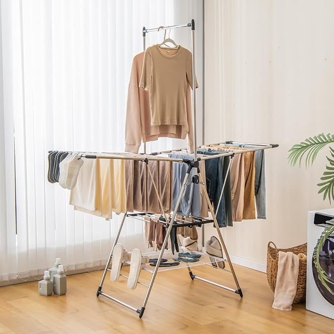 Giantex Clothes Drying Rack, Foldable Laundry Drying Rack with with 6-Level Adjustable Height, High Hanger Design, Side Clips, Space Saving Collapsible Laundry Drying Rack-Ruum Studio Home