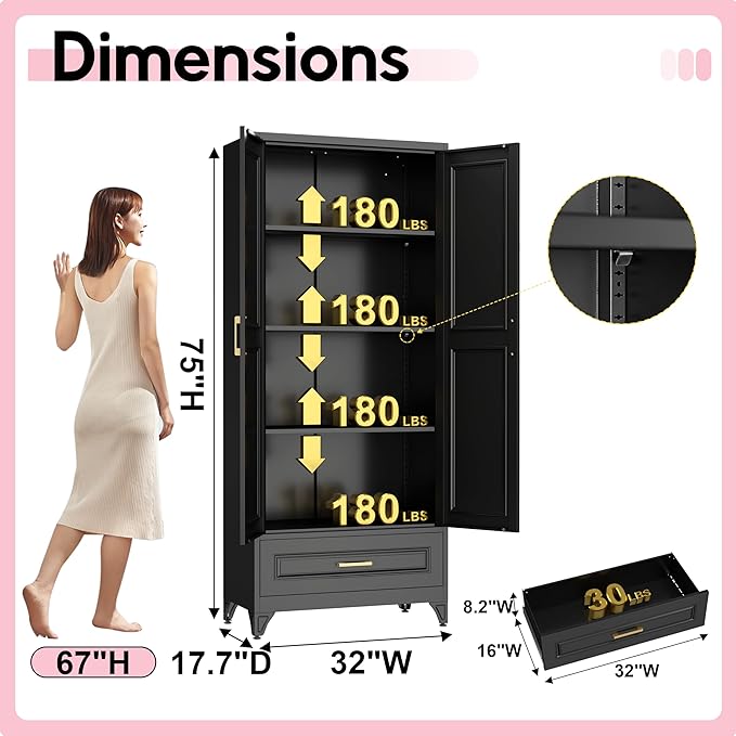Pantry Kitchen Cabinet with Drawer, 75" Tall Pantry Storage Cabinet, Metal Storage Cabinets with Doors and Shelves, Large Freestanding Cupboard for Dining Room, Assembly Required, Black-Ruum Studio Home