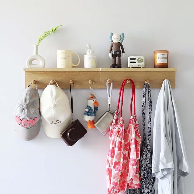 Entrance Coat Rack ，Coat Hooks, Wall-Mounted Wooden Hook Rack, Wall-Mounted Shelves are Very Suitable (Oak Colored Finish-2)-Ruum Studio Home