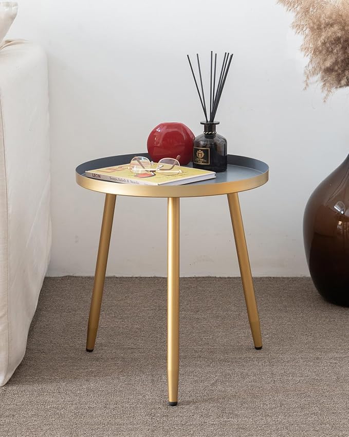 AOJEZOR Side Table: End Table for Indoor Use - Round Side Tables for Small Spaces - Grey Top 3 Legged Gold-Ruum Studio Home