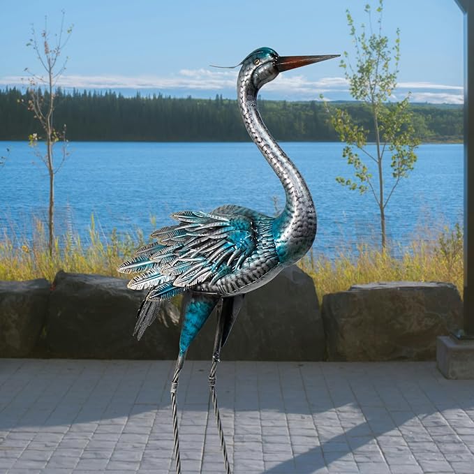 Crane Outdoor Decor Statue, Blue Heron Garden Statue Metal Yard Art Outdoor Decoy, Garden Sculptures & Statues for Yard/Lawn/Pond/Outdoor Decoration, 1Pc-Ruum Studio Home