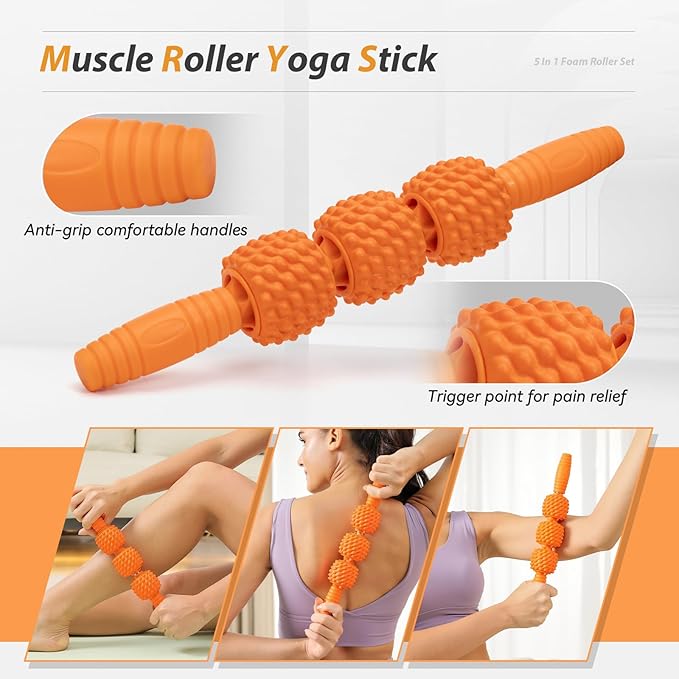 5 in1 Foam Roller Set, Trigger Point Foam Roller, Massage Roller Stick, Massage Ball, Resistance Band for Deep Muscle Massage Pilates Yoga,Fitness Exercise for Whole Body (Pure Orange)-Ruum Studio Home