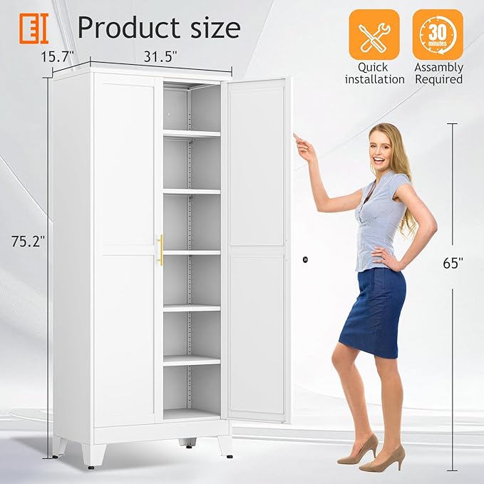 Kitchen Pantry Storage Cabinet with Doors and Adjustable Shelves, Metal ClosetMaid Food Pantry Cabinets, 75" Tall Freestanding Cupboard for Kitchen, Laundry or Utility Room, White-Ruum Studio Home