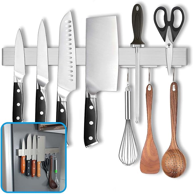 16 Inch Magnetic Knife Holder for Refrigerator - Knife Magnetic Strip for Fridge with Magnetic Hooks - Double Sided Magnetic Knife Bar - Stainless Steel Kitchen Magnetic Knife Hanger Rack-Ruum Studio Home
