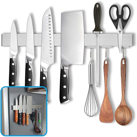 16 Inch Magnetic Knife Holder for Refrigerator - Knife Magnetic Strip for Fridge with Magnetic Hooks - Double Sided Magnetic Knife Bar - Stainless Steel Kitchen Magnetic Knife Hanger Rack-Ruum Studio Home