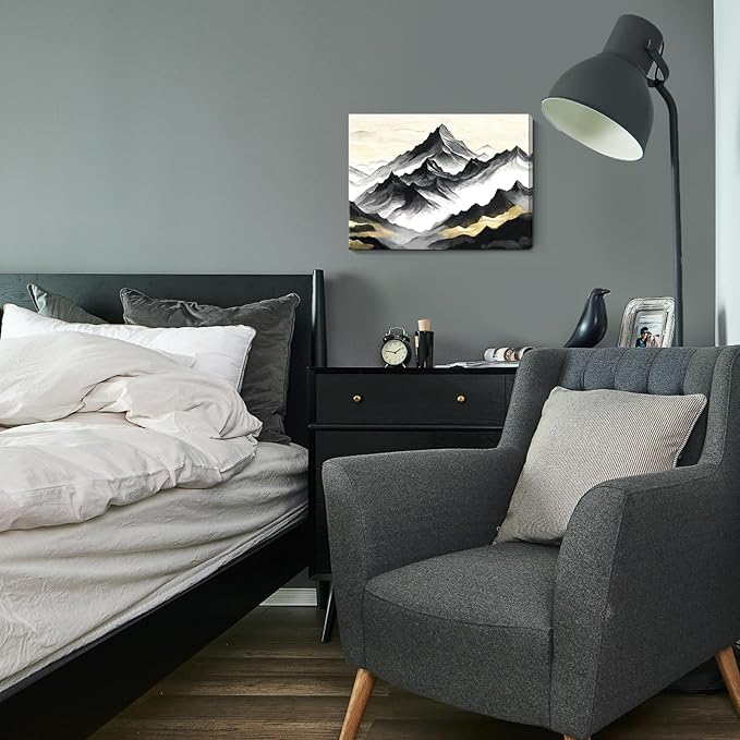 amatop Black and White Mountain Wall Art – Minimalist Modern Landscape Canvas Print Nature Scene Picture Bathroom Bedroom Office Wall Decor, Small Tranquil Misty Hills Zen Artwork for men, 16x12 Inch-Ruum Studio Home