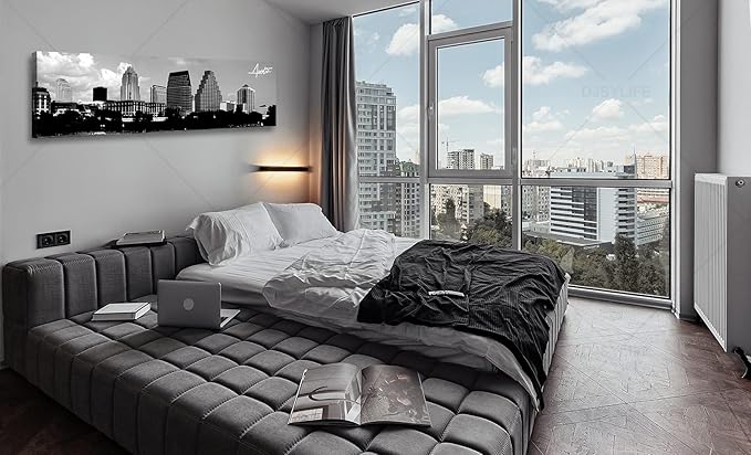 Austin Skyline Wall Art Black and White City Building for Living Room Cityscape Canvas Print Modern Home Decor Artwork Framed 14x48 Inch 1 Panels Panorama Pictures Landscape Poster Decoration-Ruum Studio Home