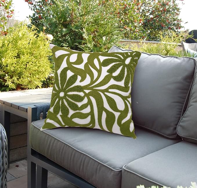 Alysheer Farmhouse Floral Leaves Embroidered Decorative Throw Pillow Cover 18x18 inches, Boho Tufted Flowers Embroidery Pattern Chic Cotton Cushion Case for Couch Bed Sofa Living Room(Olive Green)-Ruum Studio Home