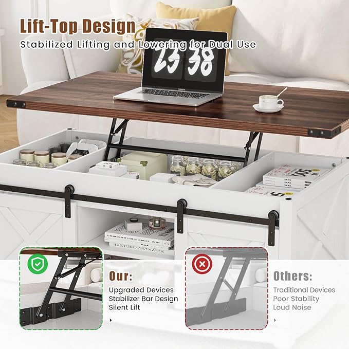 48" Farmhouse Lift Top Coffee Table with Storage Sliding Barn Door & Large Hidden Compartment, Coffee Table with Lifting Top with Wooden Lift Tabletop, Coffee Tables for Living Room, White-Ruum Studio Home